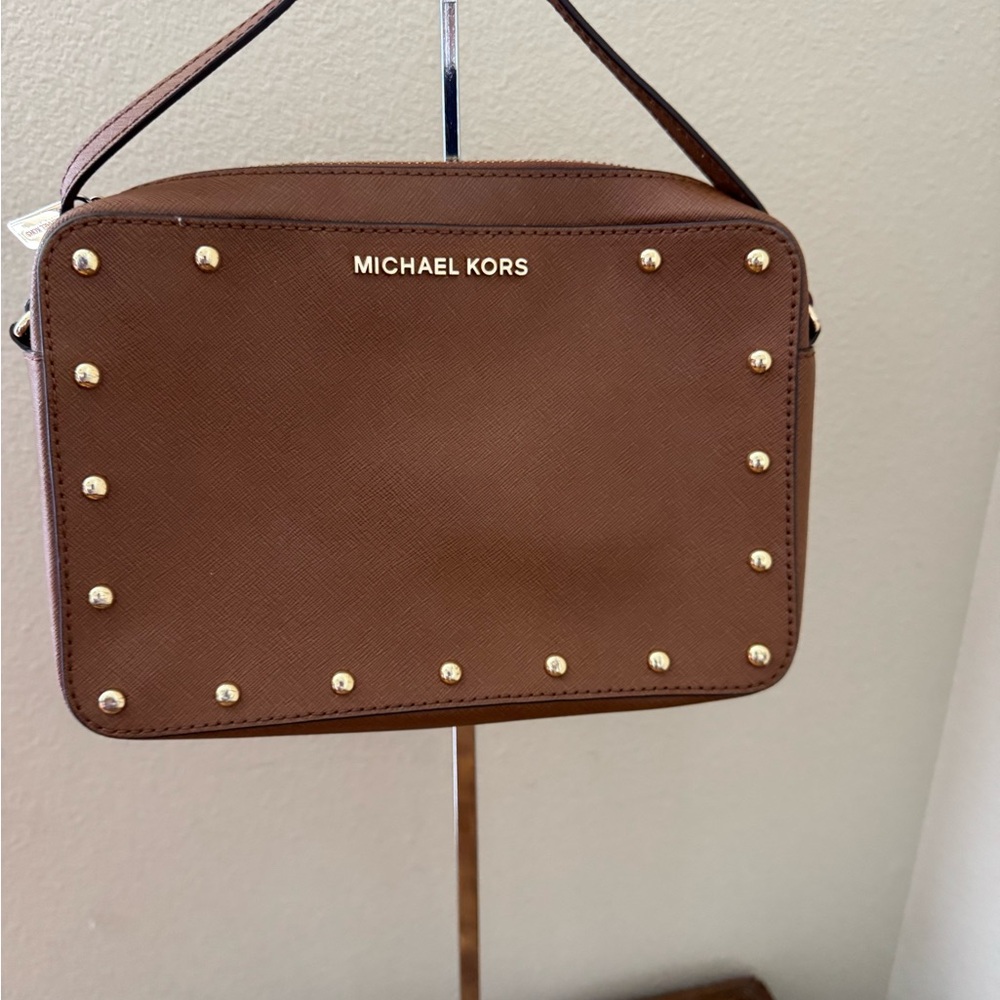 Michael Kors Brown Leather Crossbody with Gold Studs